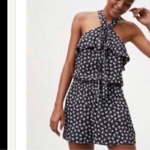 Loft Black Bluebell Floral Flounce Halter Neck Sleeveless Romper XS